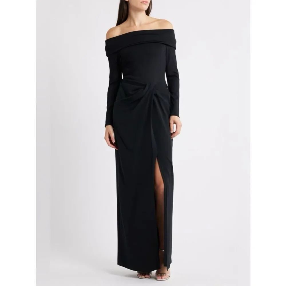Lauren Ralph Lauren Women's Rib-Knit Off-The-Shoulder Gown Black Dress Size 10